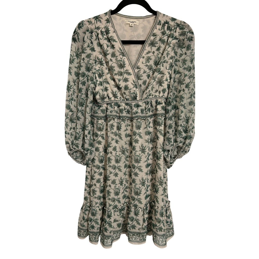 Max Studio London Green Floral V-Neck Long Sleeve Ruffle Mini Dress XS 3906Y64